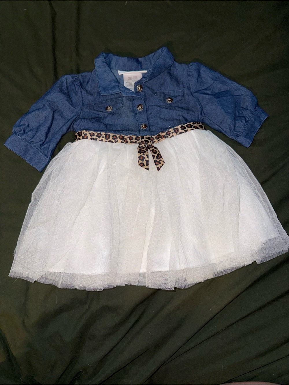 Bonnie Baby Blue Denim-Look Jacket with White Tulle Skirt and Leopard Bow